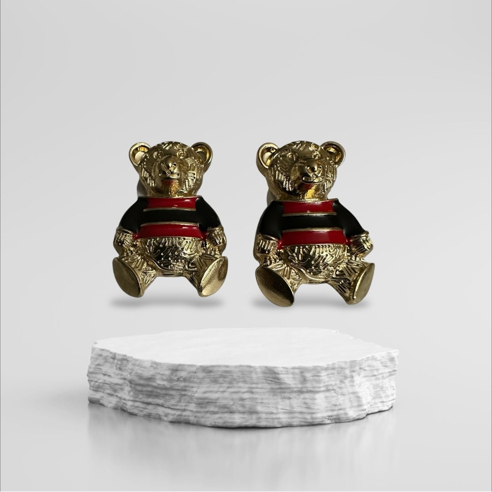 Teddy Bear Earrings Pierced Gold tone with black & red accent colors NWOT